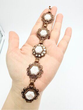 Mid Century Copper Confetti Glass Link Bracelet Floral Filigree